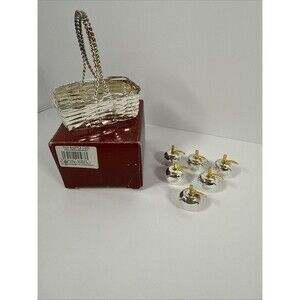 6 Vintage Regal Silver Apple Name Card Holders Silver w/ Golden Leaves 1" x 1"